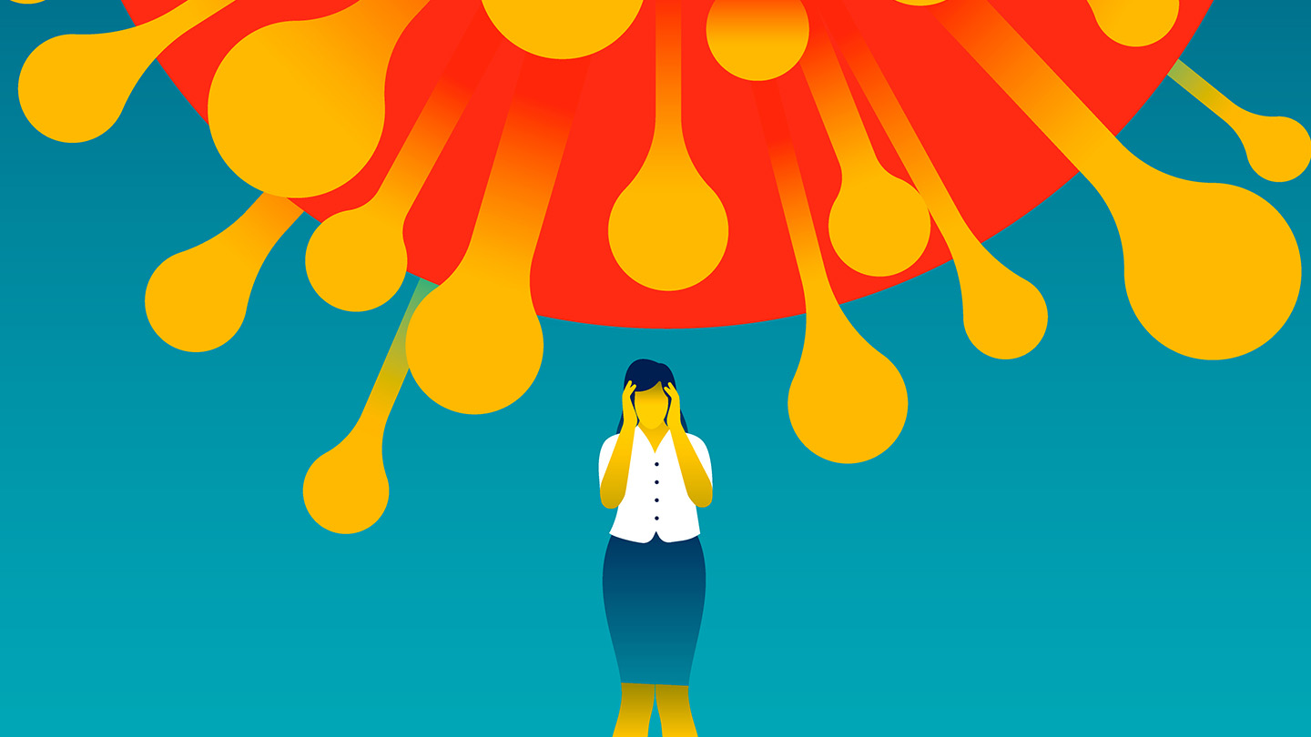 In this illustration, a woman is kneeling slightly, holding her hands to either side of her face, while a giant red coronavirus with bulbous yellow projections hovers above her head.